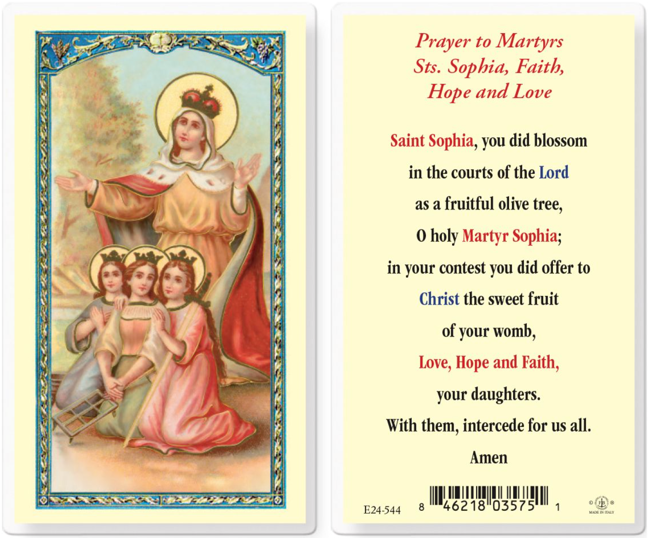 Prayers to Martyrs Sts. Sophia, Faith, Hope and Love Holy Card