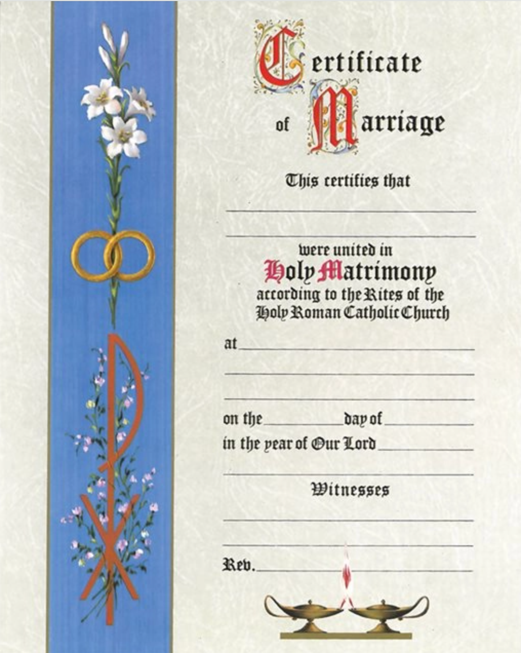 Marriage certificate with decorative elements on a blue and white background