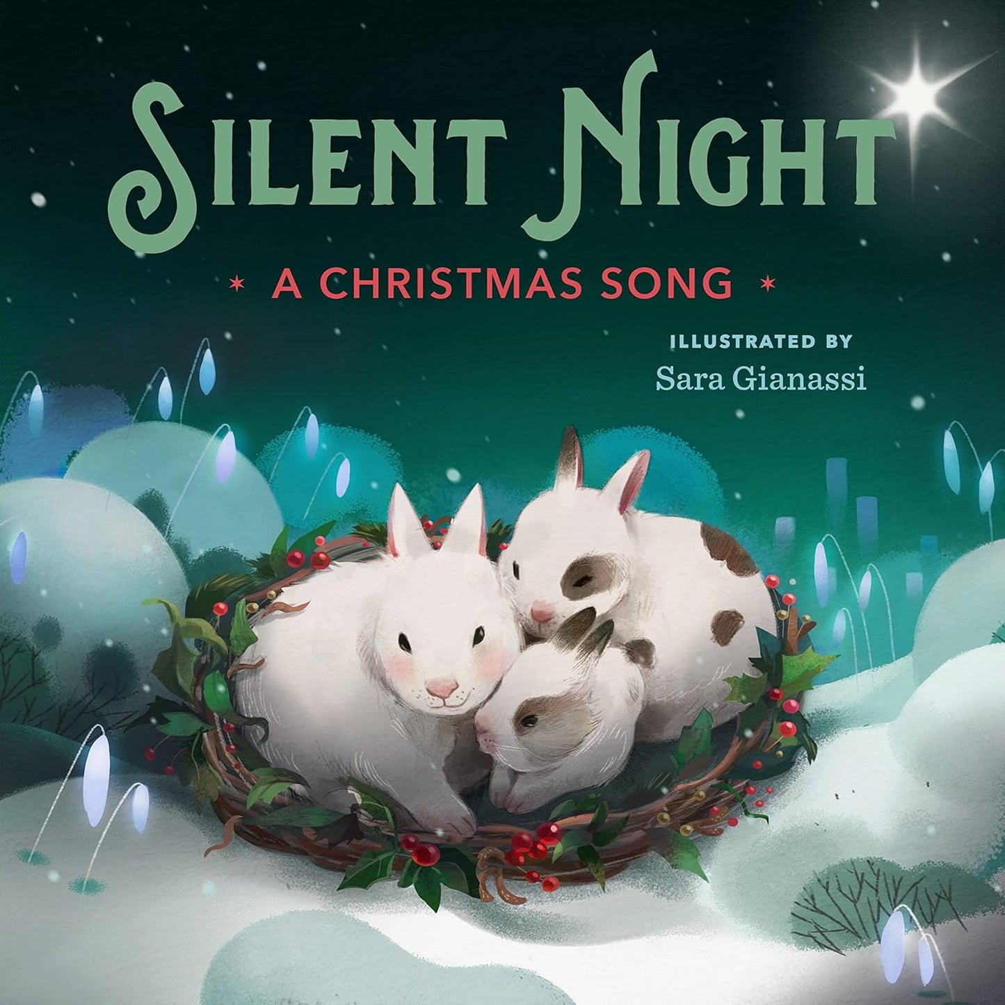Book cover of 'Silent Night: A Christmas Song' with three white animals in a snowy scene.