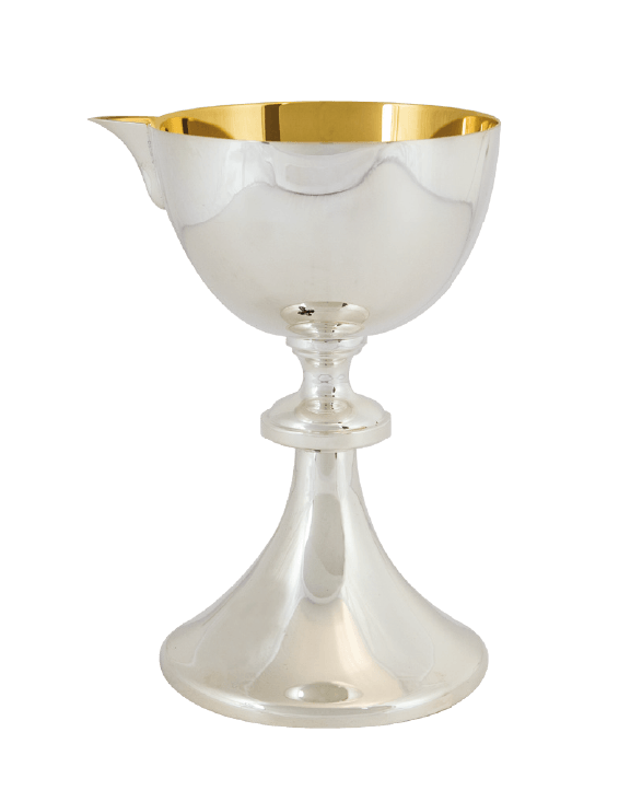 A polished silver chalice with a gold-plated interior, featuring a flared stem and a small pouring spout, shown on a plain white background.