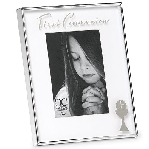 A First Communion frame made of zinc lead free alloy with an engraved chalice design. It holds a 4x6 photo and measures 8.