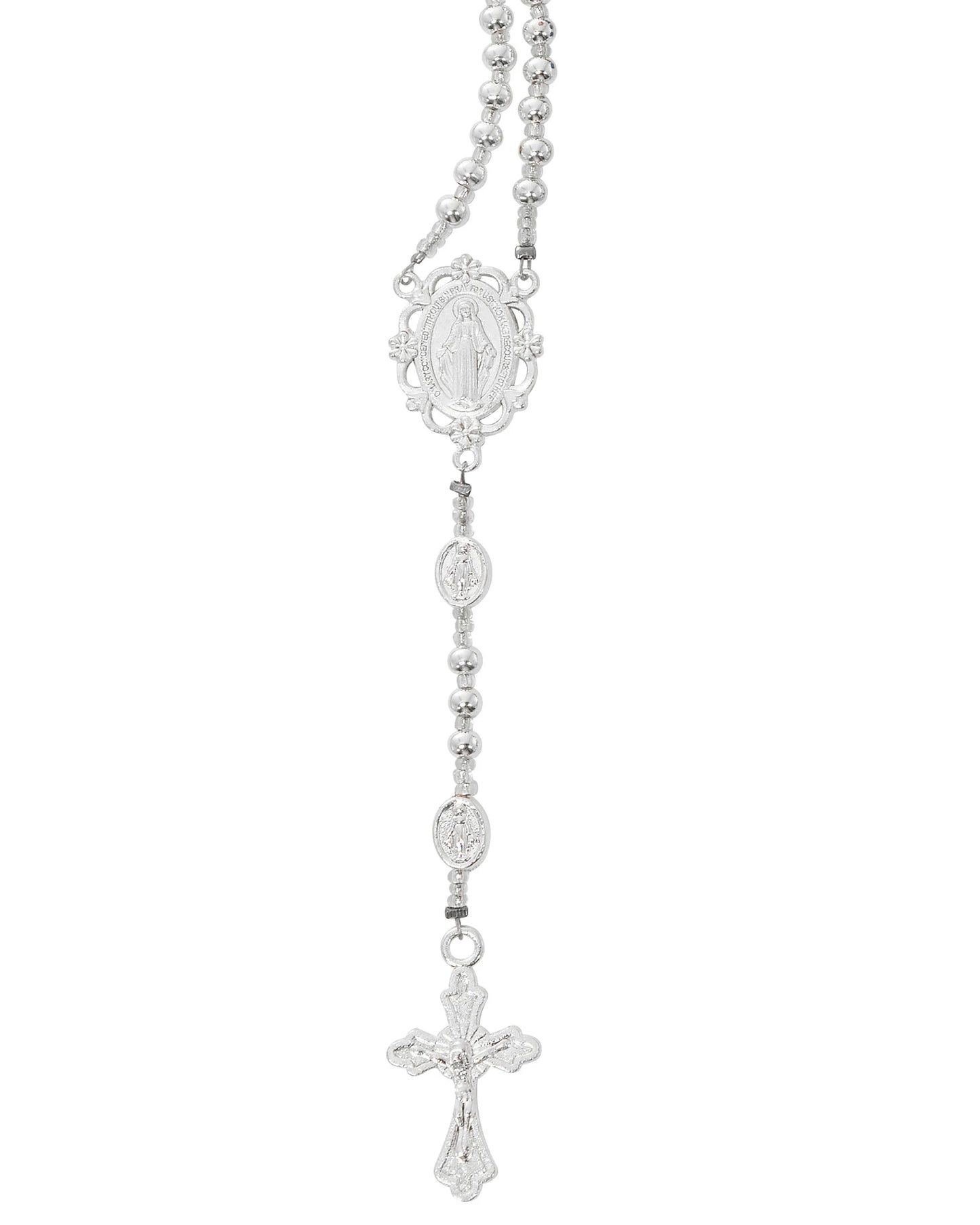 Silver rosary necklace on a white background