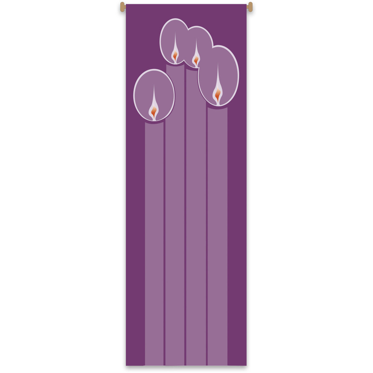 Decorative church banner panel with four stylized advent candles on a purple background
