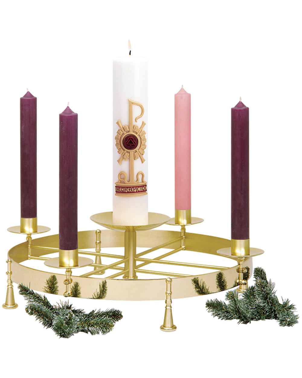 Gold advent candle holder with white candle and purple and pink candles on a white background