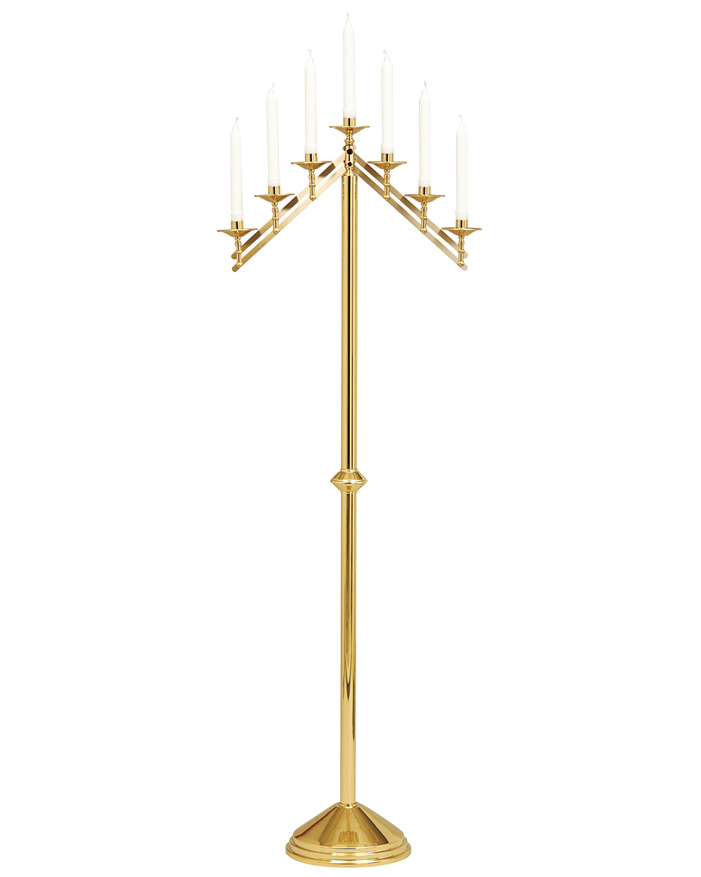 Gold candelabra with multiple candle holders on a white background
