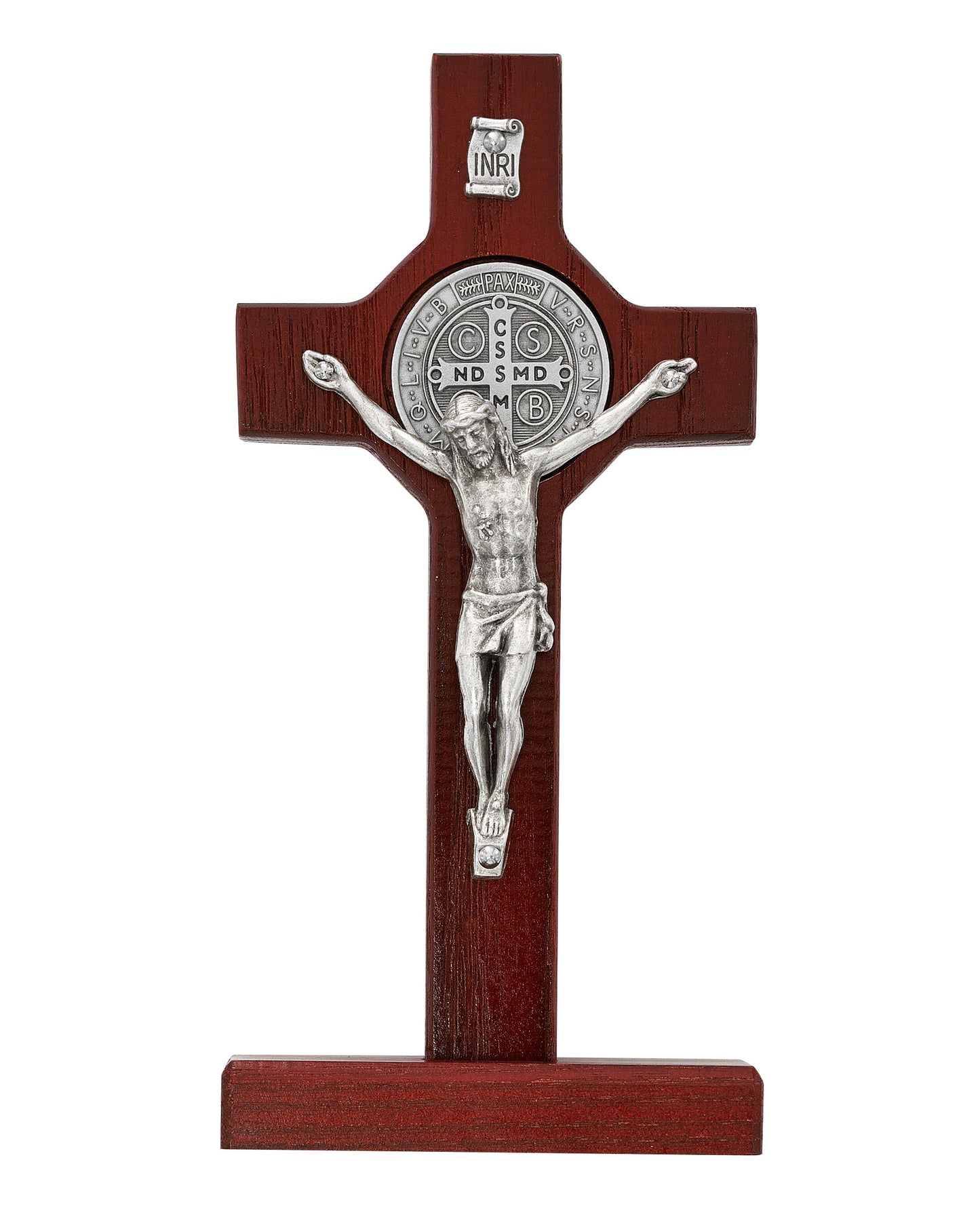 Wooden cross with silver Jesus figure on a white background