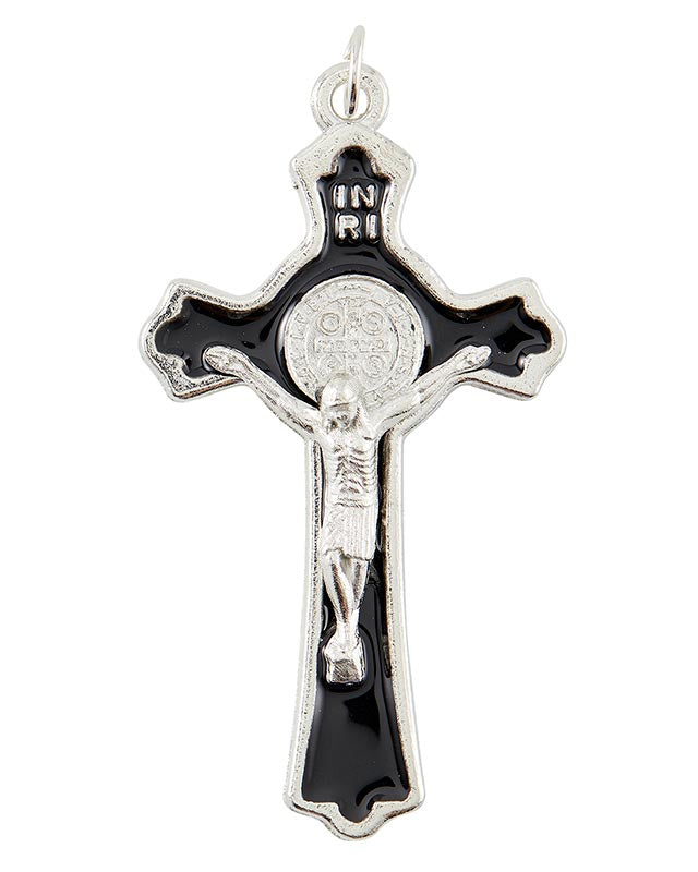 A black and silver St. Benedict pendant crucifix with enamel detailing.
