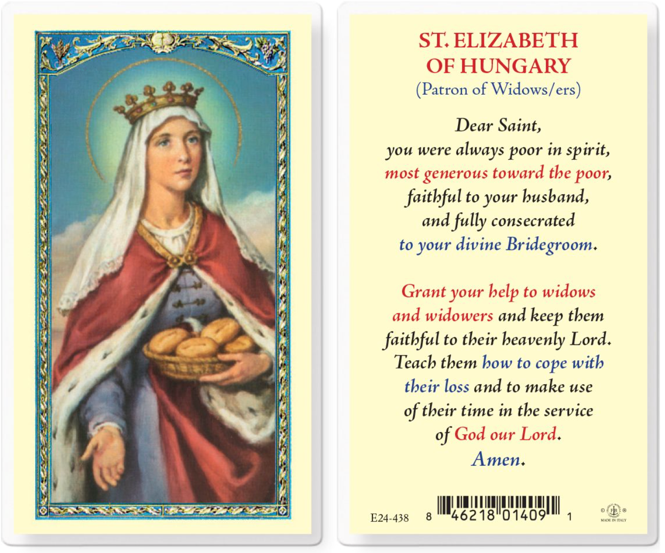 Laminated prayer card featuring St. Elizabeth of Hungary with a colorful border.