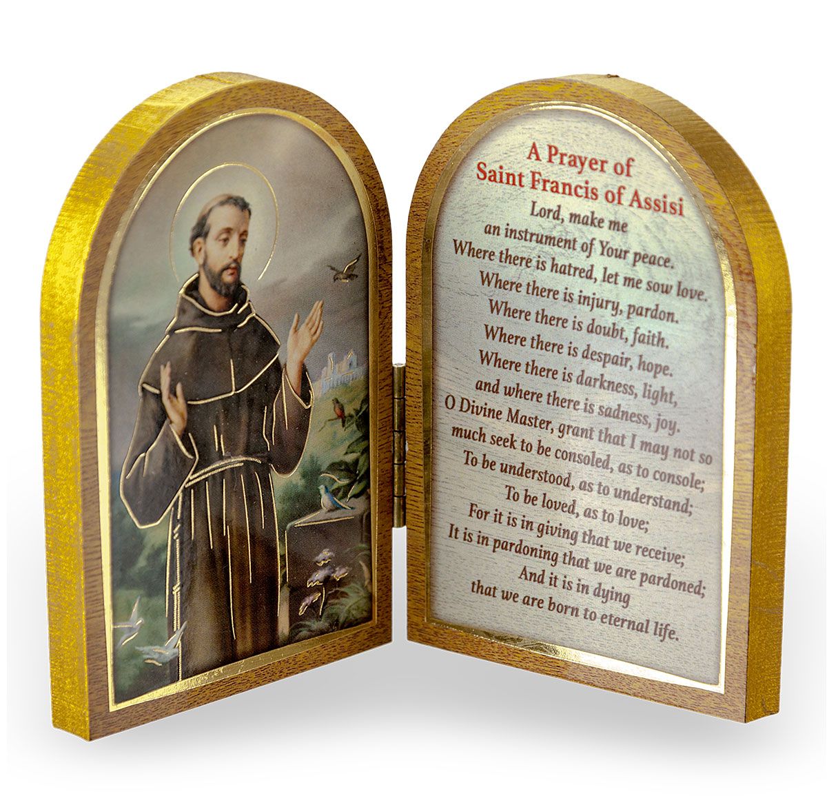 Open book with illustration of Saint Francis of Assisi on one page and prayer text on the other, against a white background.