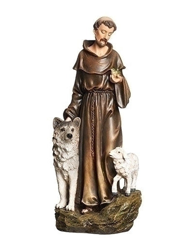 Statue of a religious figure with a wolf and a lamb on a white background