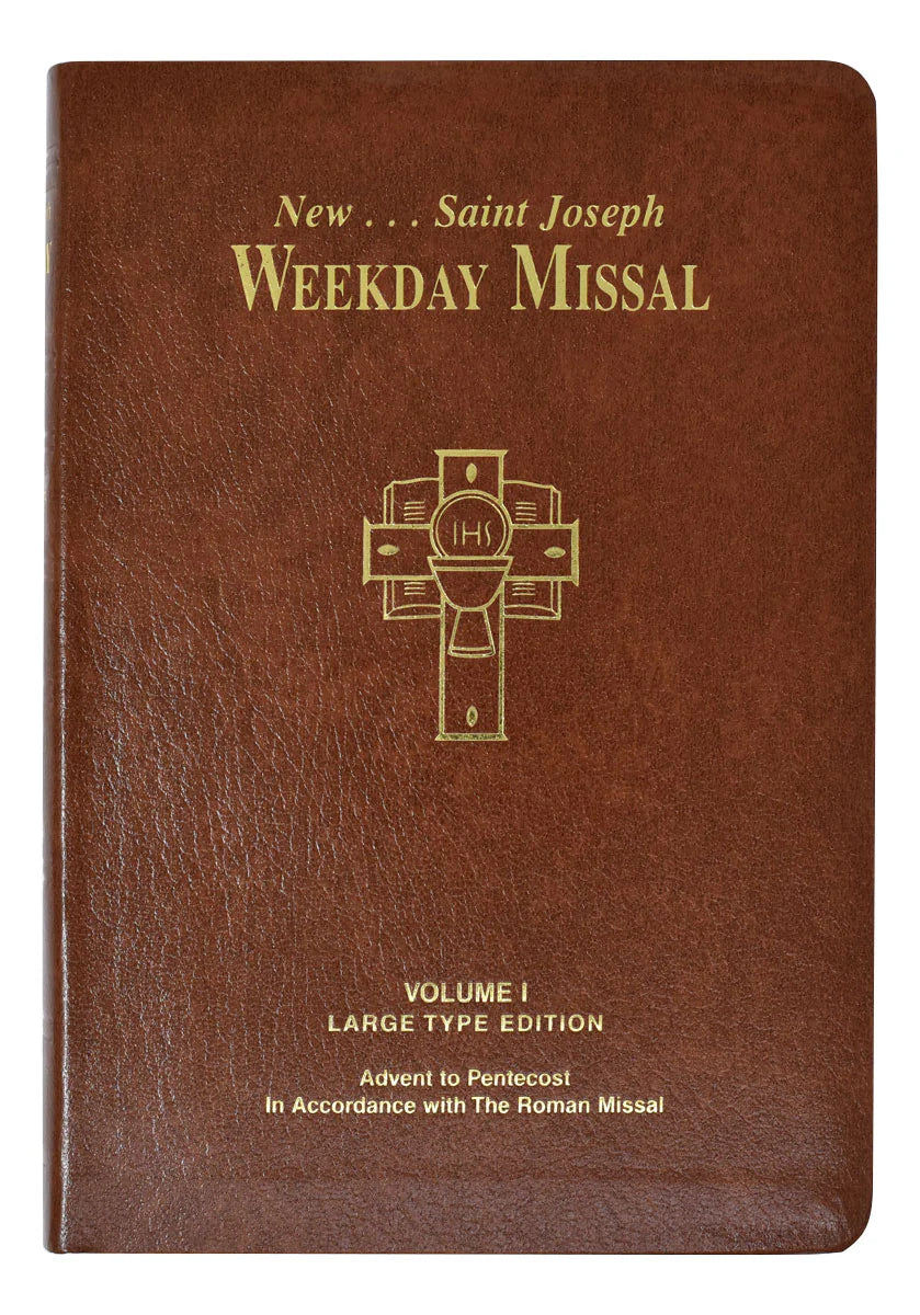 Brown book titled 'New Saint Joseph Weekday Missal' with a gold cross on the cover.
