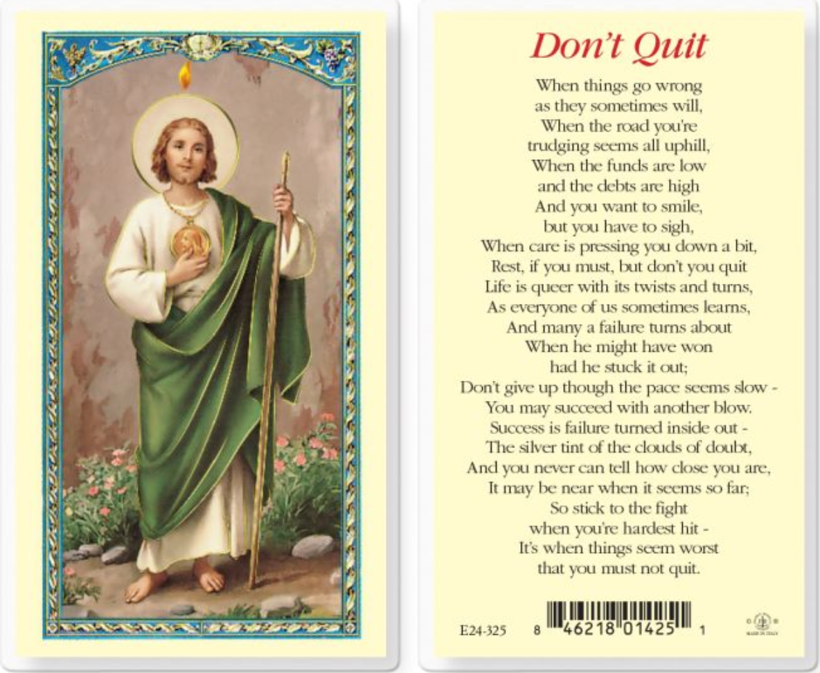 St. Jude Don't Quit Laminated Holy Card