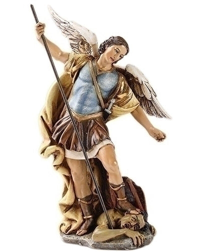 Statue of an angel holding a spear on a white background