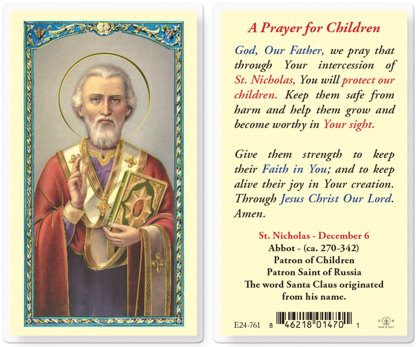 Prayer card with St. Nicholas illustration and text on a white background