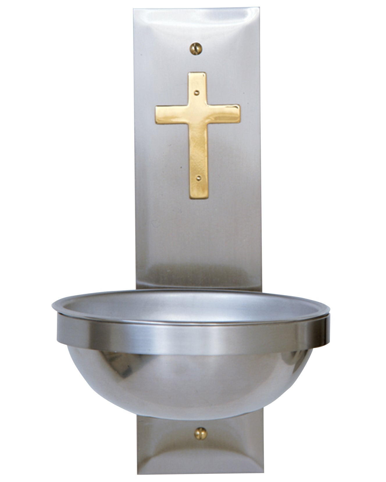 Stainless Steel Holy Water Font with a Gold cross on a plain white background.