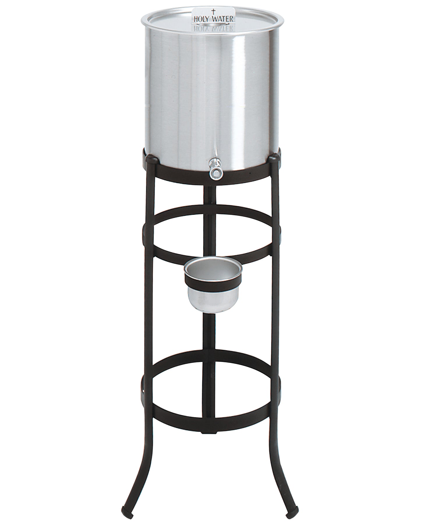 Metal water dispenser with stand on a white background