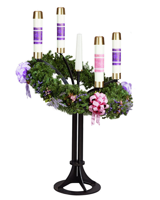 Decorative Advent wreath with candles and ribbons on a white background