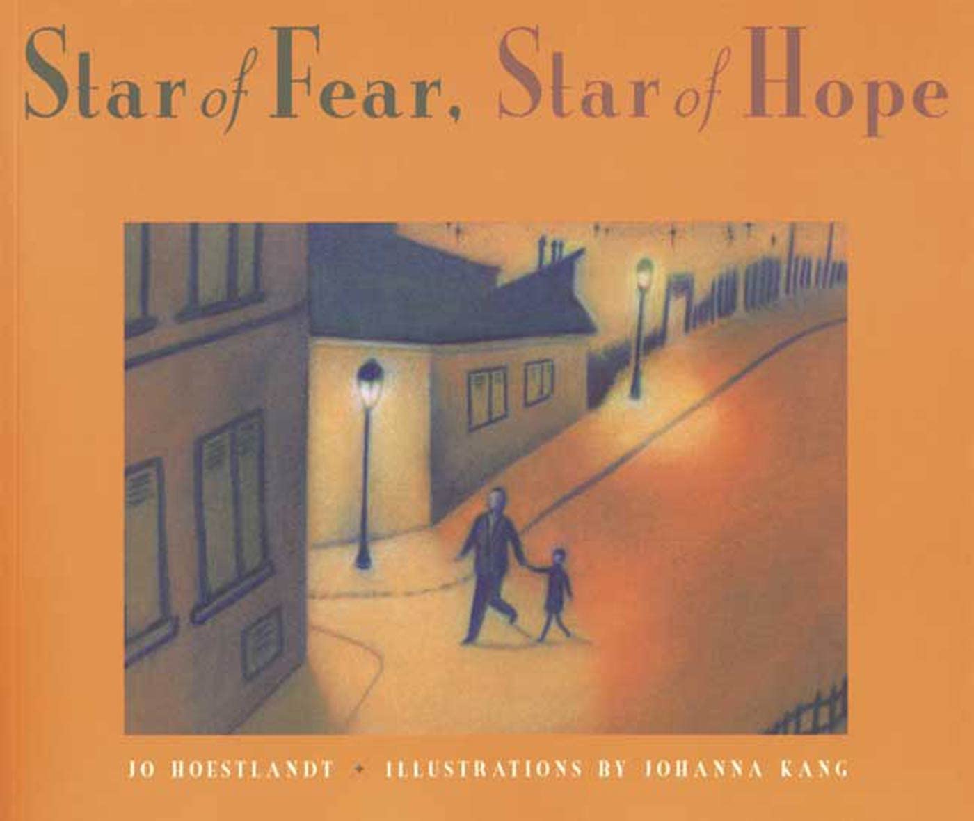 Book cover of 'Star of Fear, Star of Hope' with a man and child walking down a street at night.