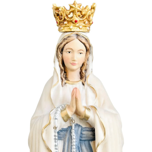 Our Lady of Lourdes Statue with Golden Crown in Carved Wood 7.75"