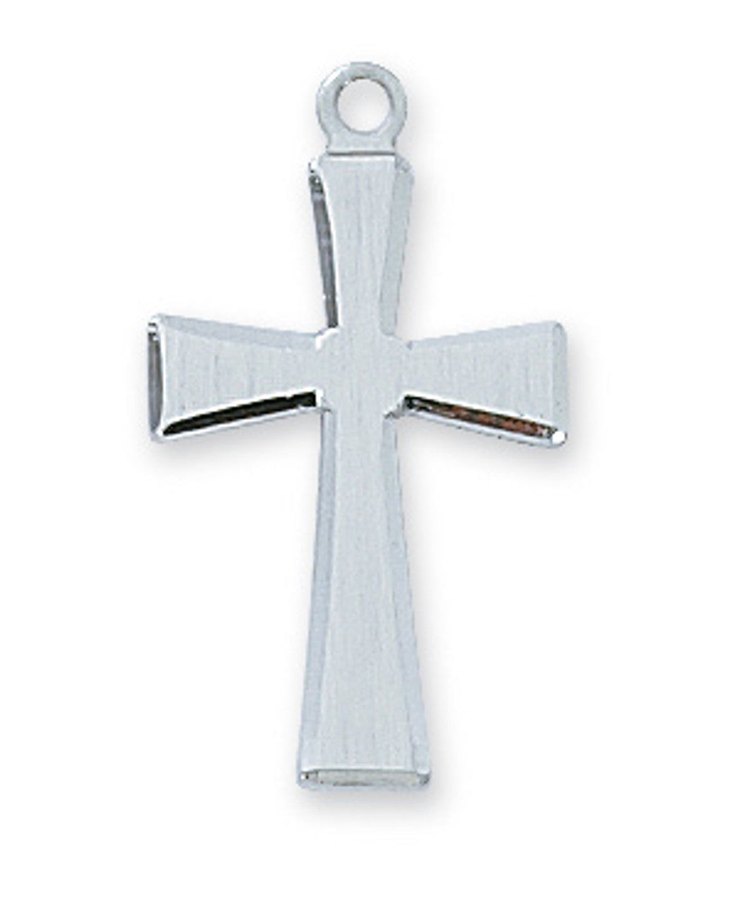 A sterling silver cross pendant with a rhodium plated chain.