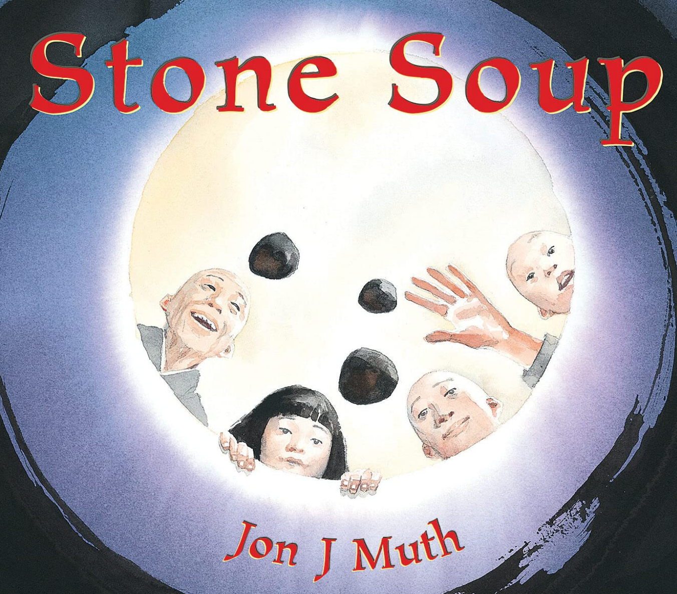 Cover of 'Stone Soup' by Jon J Muth featuring children and stones.