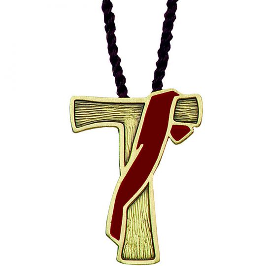 Necklace with a pendant shaped like the letter 'T' in gold and red on a white background