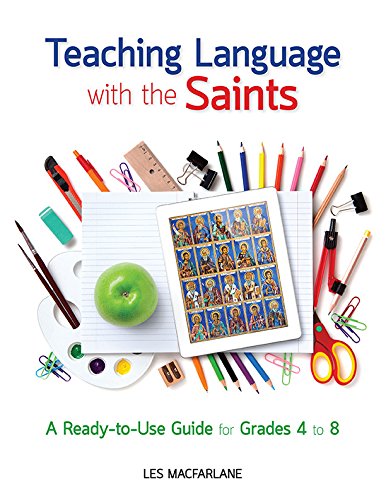 Book cover of 'Teaching Language with the Saints' featuring educational materials and an iPad with saint images.