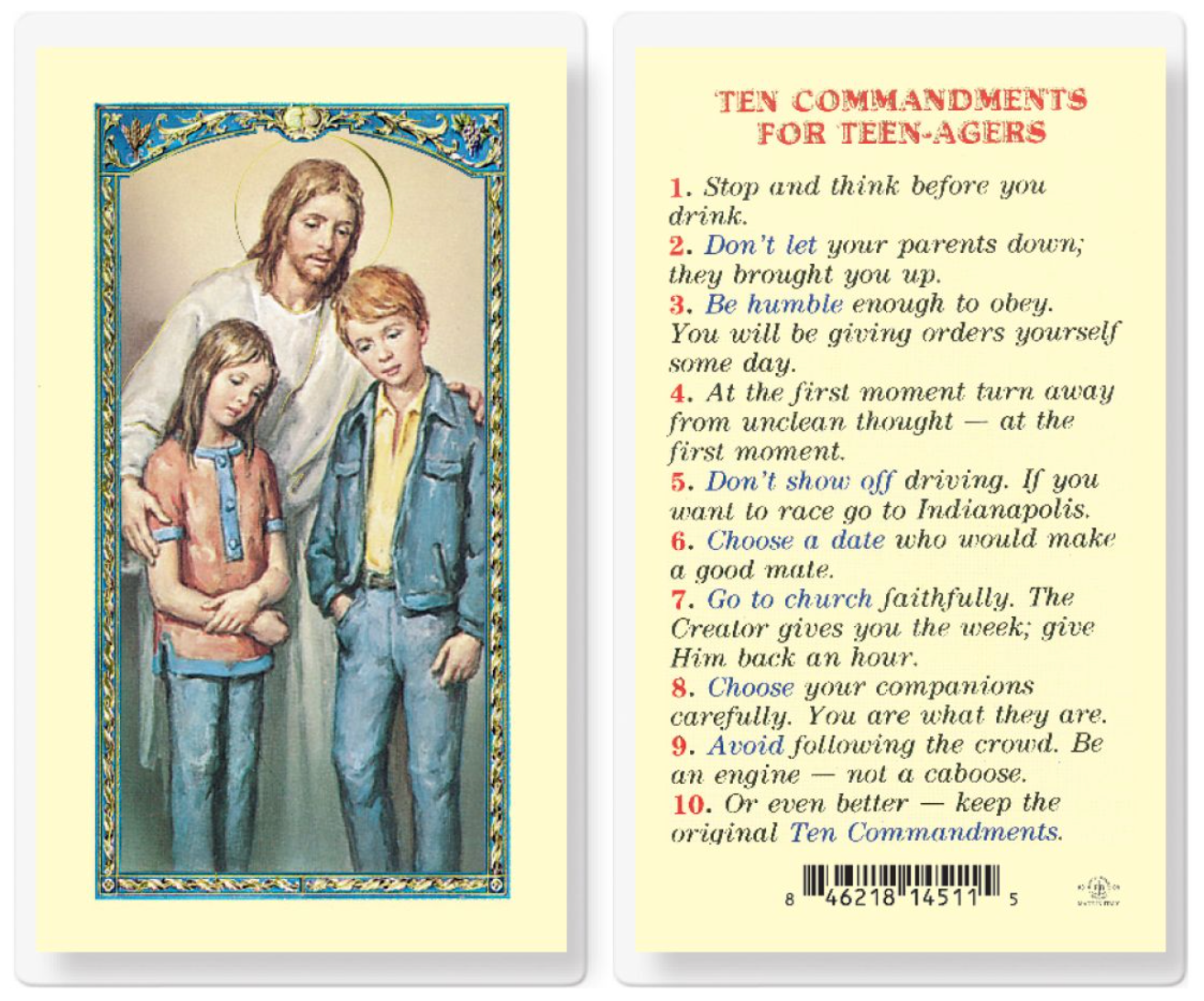 Card with illustration of Jesus and two children, alongside 'Ten Commandments for Teen-Agers' text.