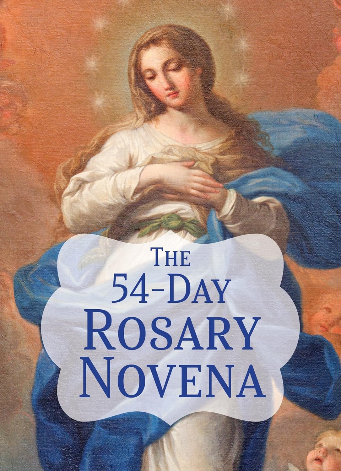 Book cover of 'The 54-Day Rosary Novena' with an image of a religious figure holding a heart.