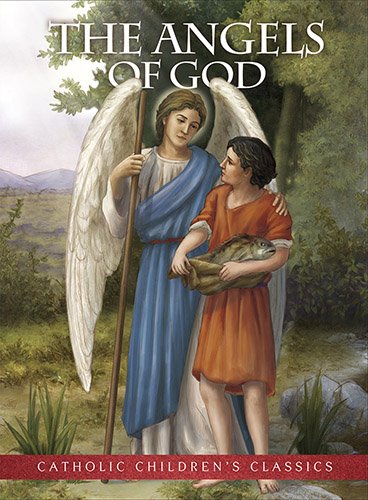 Book cover of 'The Angels of God' with an illustration of an angel and a child holding a fish.