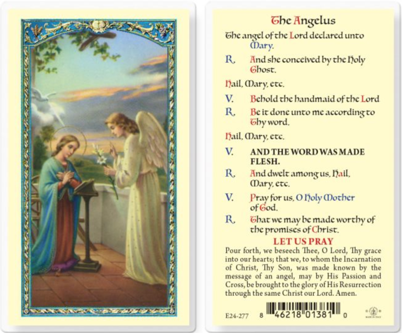Laminated Italian holy card featuring artwork with two figures, likely an angel and a young girl, set against a blue and green background with gold accents, and text for the 'Angelus' prayer.