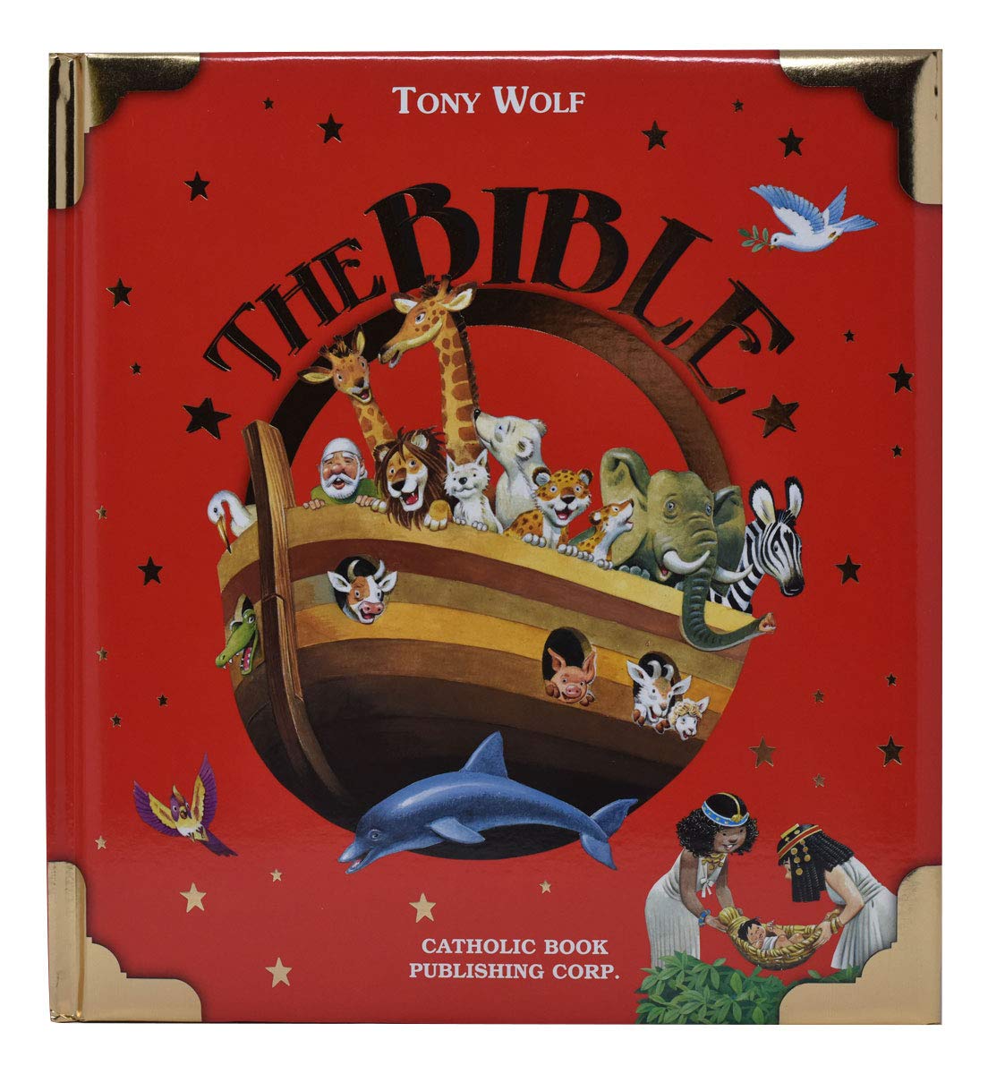 Book cover of 'The Bible' with a red background, Noah's Ark illustration, and Tony Wolf branding.
