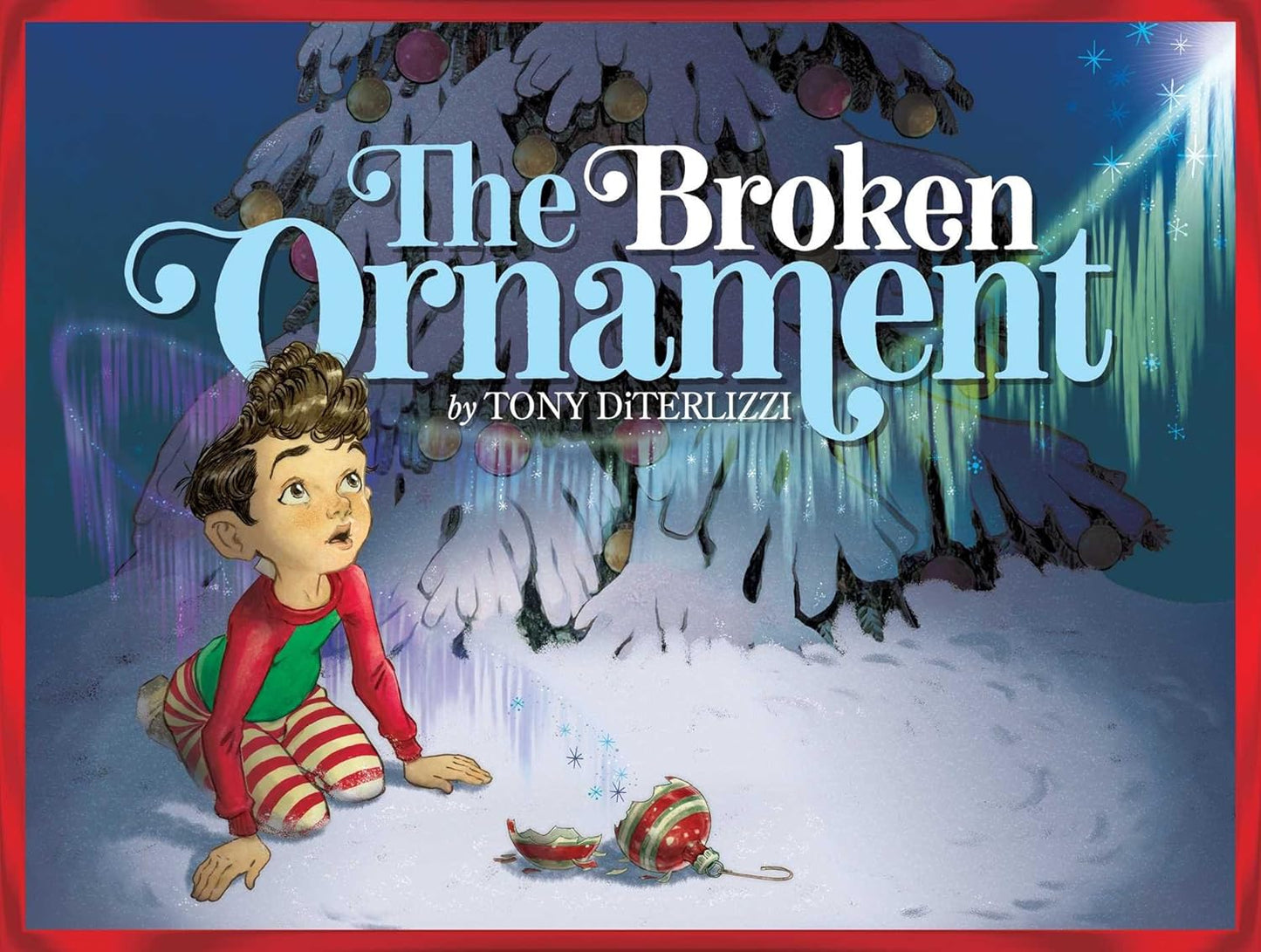 Book cover of 'The Broken Ornament' by Tony DiTerlizzi featuring a child and broken ornament against a snowy background.