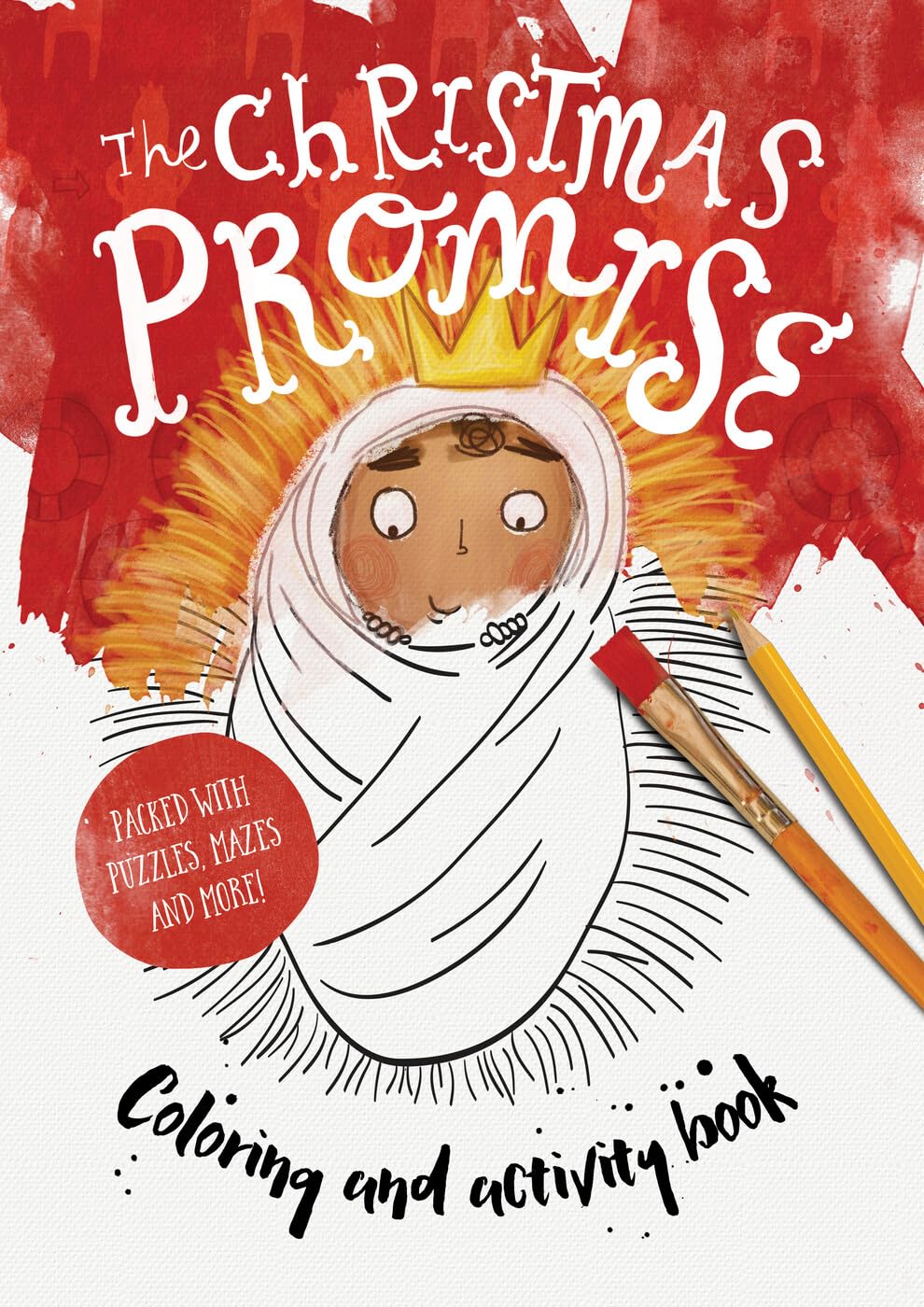 Book cover of 'The Christmas Promise' coloring and activity book with a child-like illustration of a child in a white robe and crown.