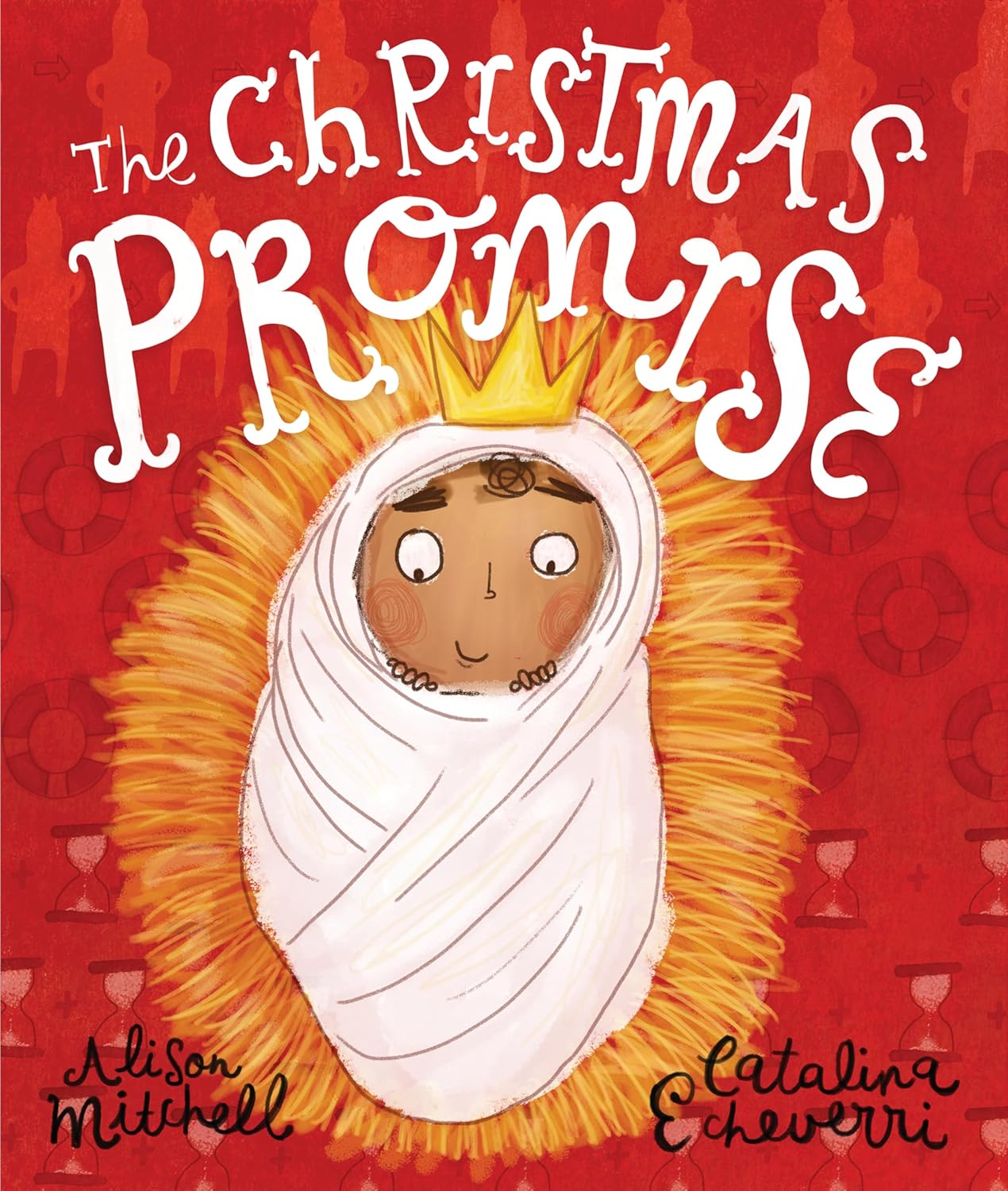 Book cover of 'The Christmas Promise' with a baby wrapped in gold and white on a red background.