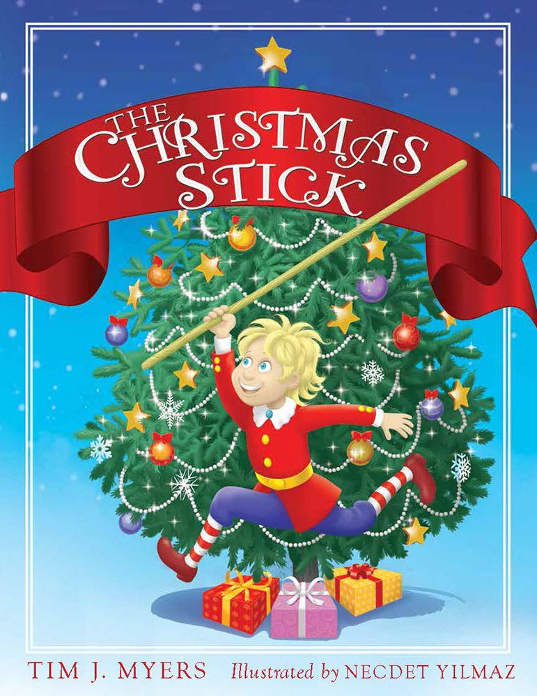Book cover of 'The Christmas Stick' with a child climbing a decorated Christmas tree.