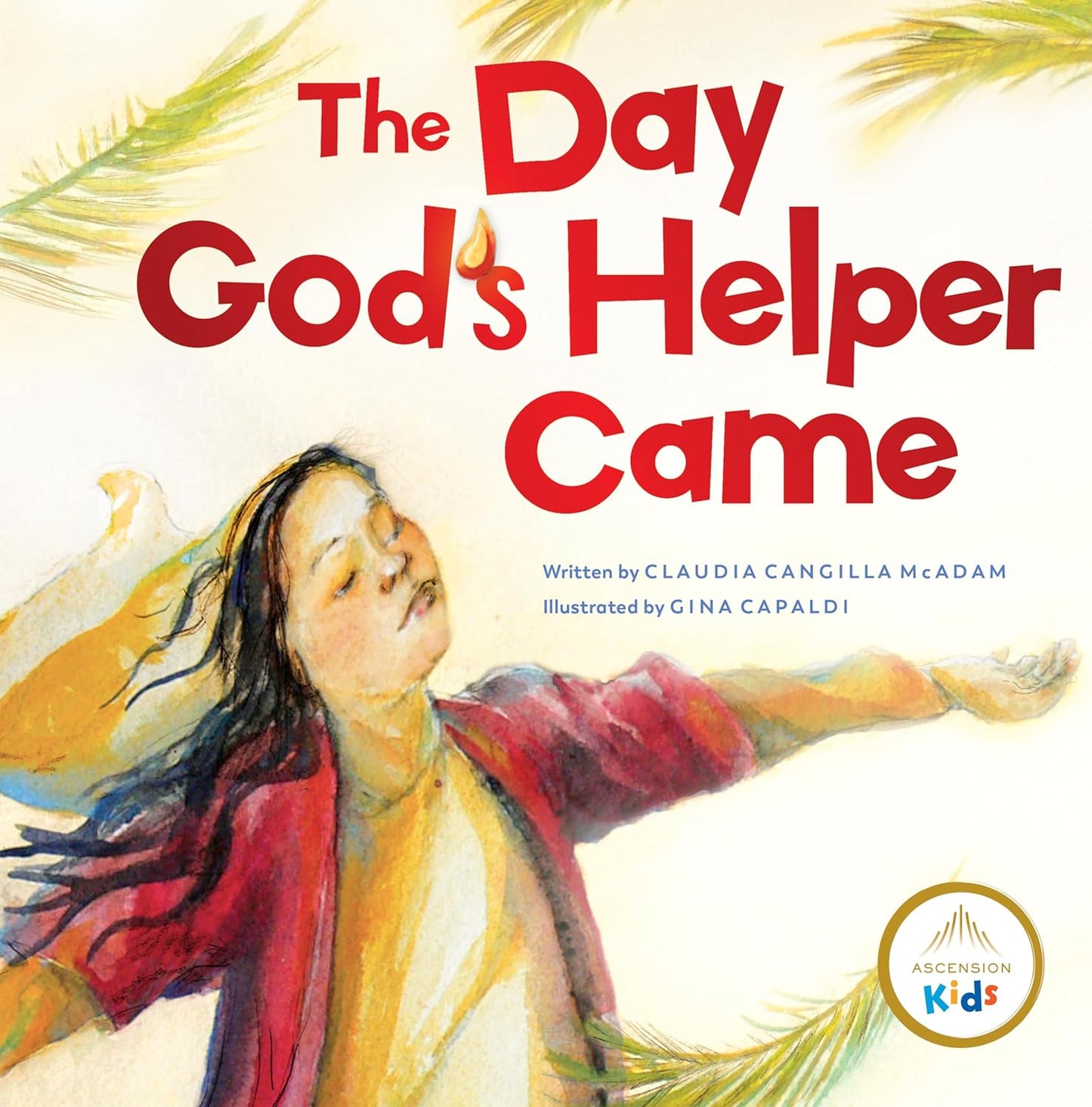Book cover of 'The Day God's Helper Came' with a child and palm leaves.