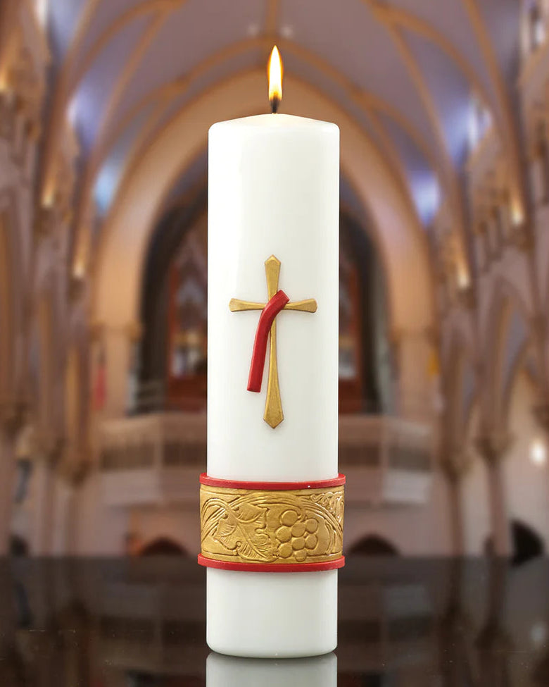 Decorative candle with a cross and number seven in a church setting