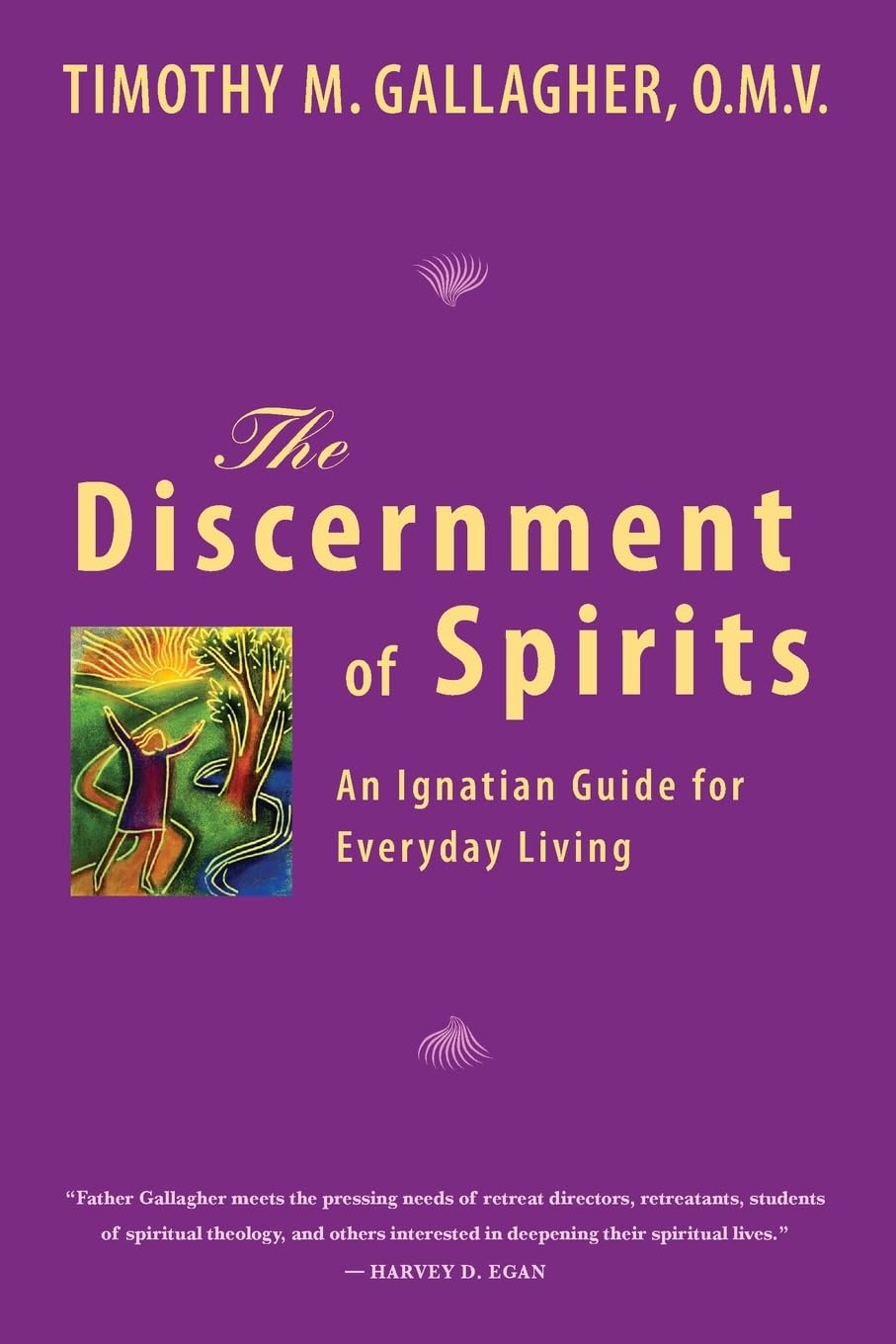 Book cover of 'The Discernment of Spirits' by Timothy M. Gallagher with a purple background and illustration of a person walking on water.