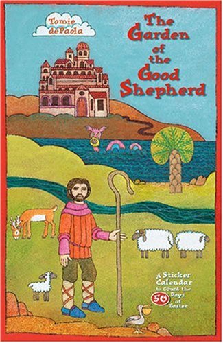 Cover of 'The Garden of the Good Shepherd' sticker calendar with a shepherd and sheep illustration.
