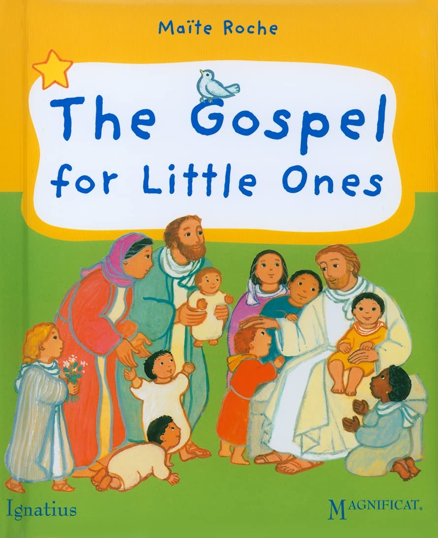 Book cover of 'The Gospel for Little Ones' with illustrations of people and children on a yellow and green background.