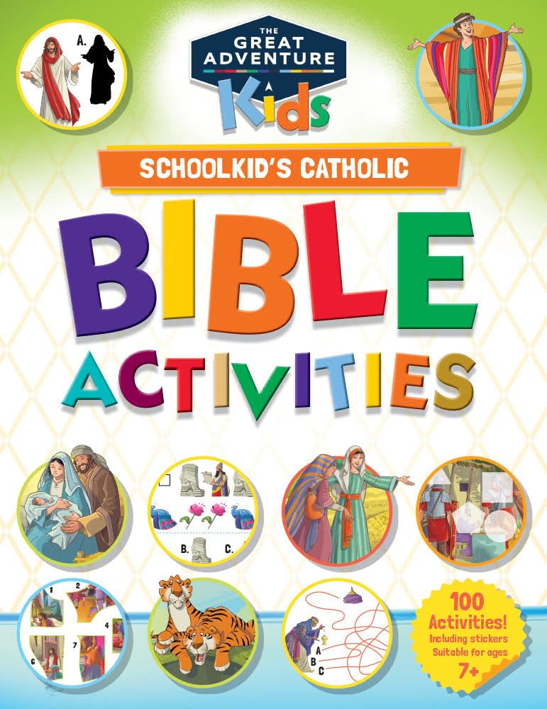 Book cover of 'Schoolkid's Catholic Bible Activities' with colorful text and illustrations.