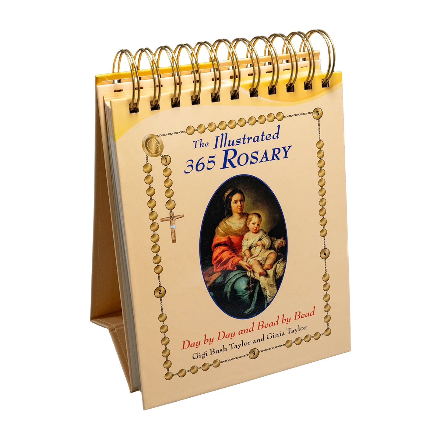 Desk calendar titled 'The Illustrated 365 Rosary' with religious imagery on a white background