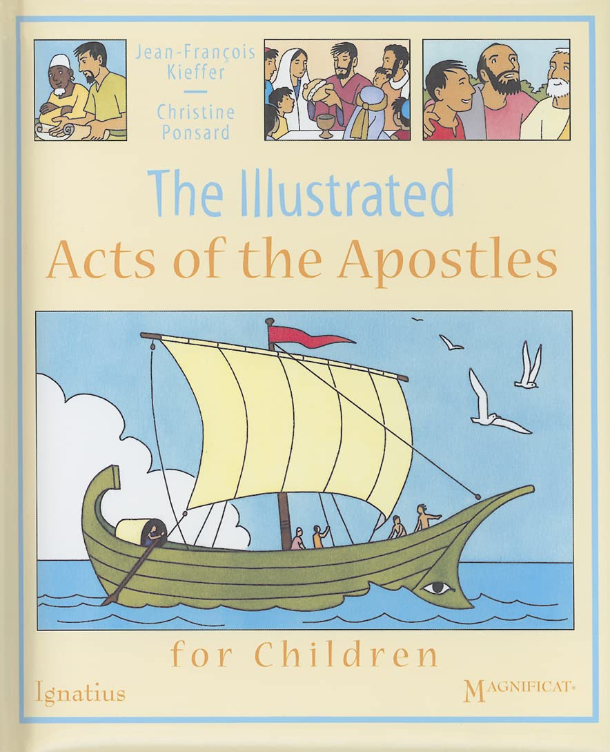 Book cover of 'The Illustrated Acts of the Apostles for Children' with a sailboat illustration on a beige background.