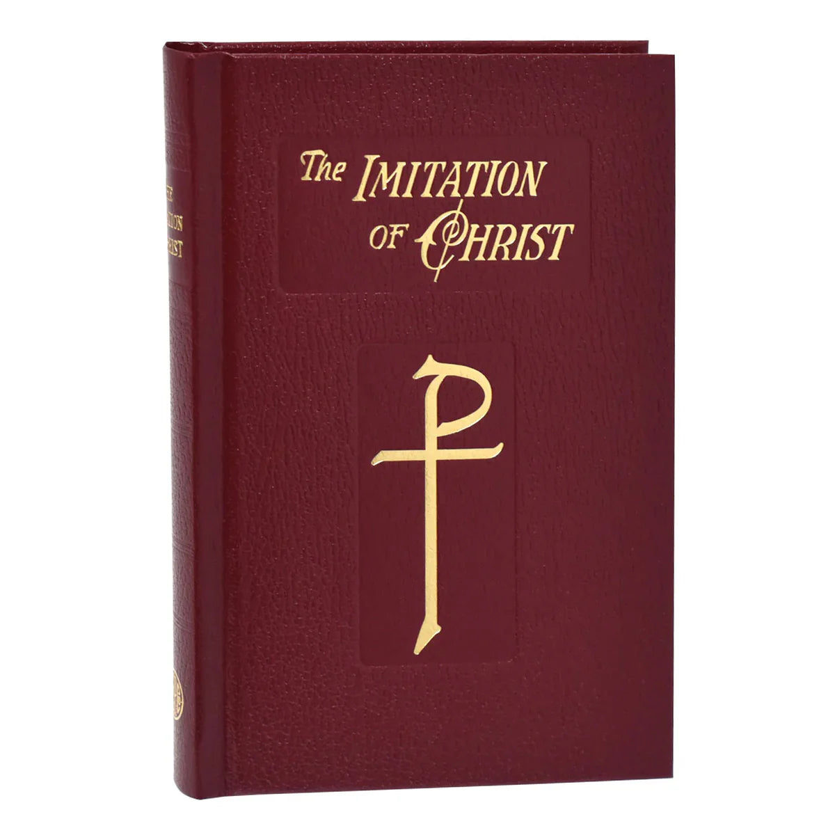 Maroon book titled 'The Imitation of Christ' with gold lettering and cross symbol on a white background