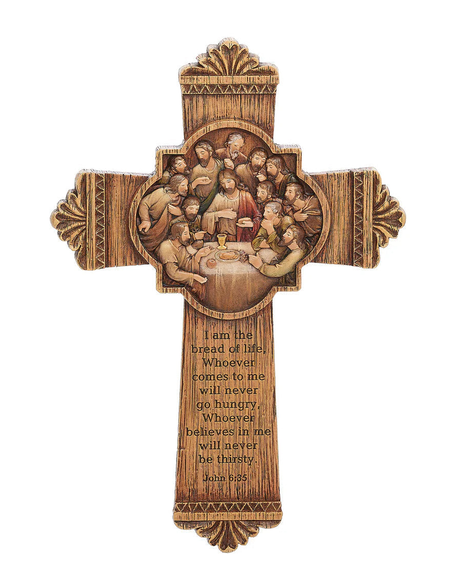 Wooden cross with religious artwork and text on a white background