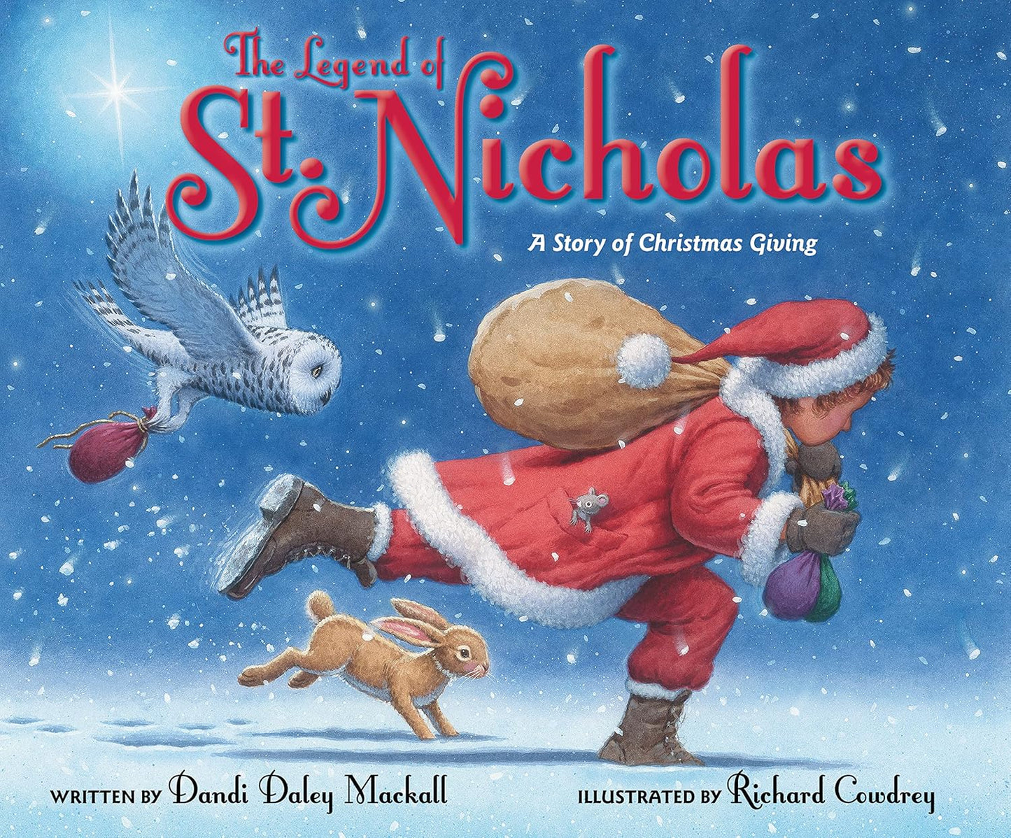 Book cover of 'The Legend of St. Nicholas' with Santa Claus, owl, and rabbit against a snowy background.