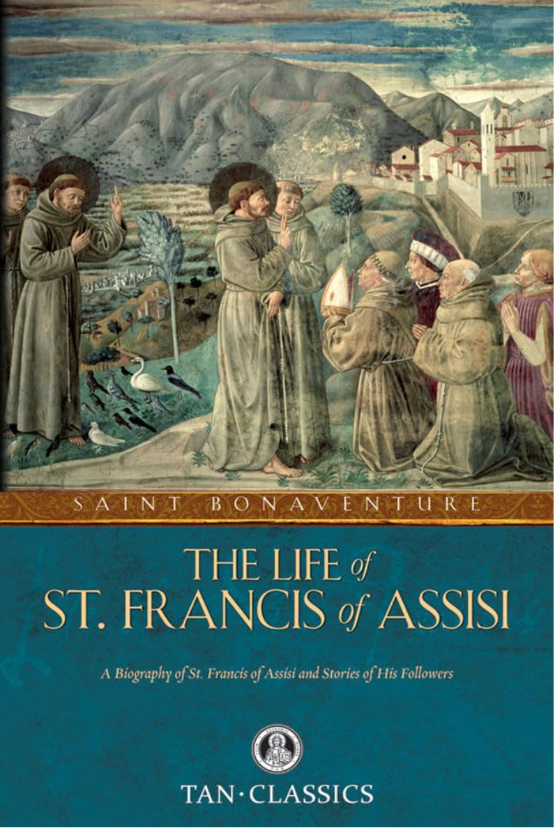 Cover of the book 'The Life of St. Francis of Assisi' depicting illustrations of the saint and various scenes from his life story.