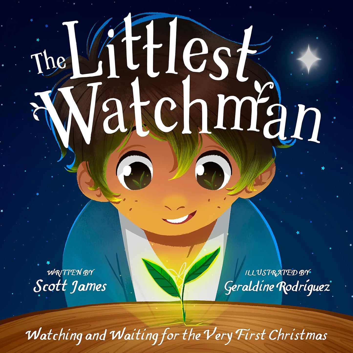 Book cover of 'The Littlest Watchman' with a child and plant illustration against a night sky.