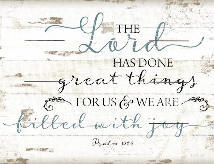 A 9x12 inch wall plaque with a wooden slat background, featuring a scriptural message about joy in a distressed white and gray font.